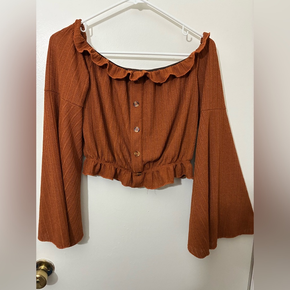 Zaful Rust Button-Up Ruffled Blouse Size M - Picture 1 of 4